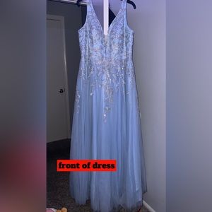 JVN Dress, Style #JVN07638 Light Blue, with silver and simmer designs all around